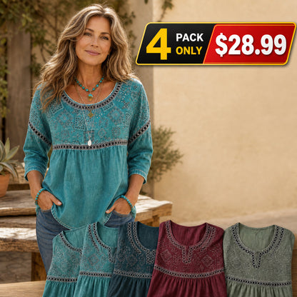 Women's Embroidered V-Neck Boho Blouse