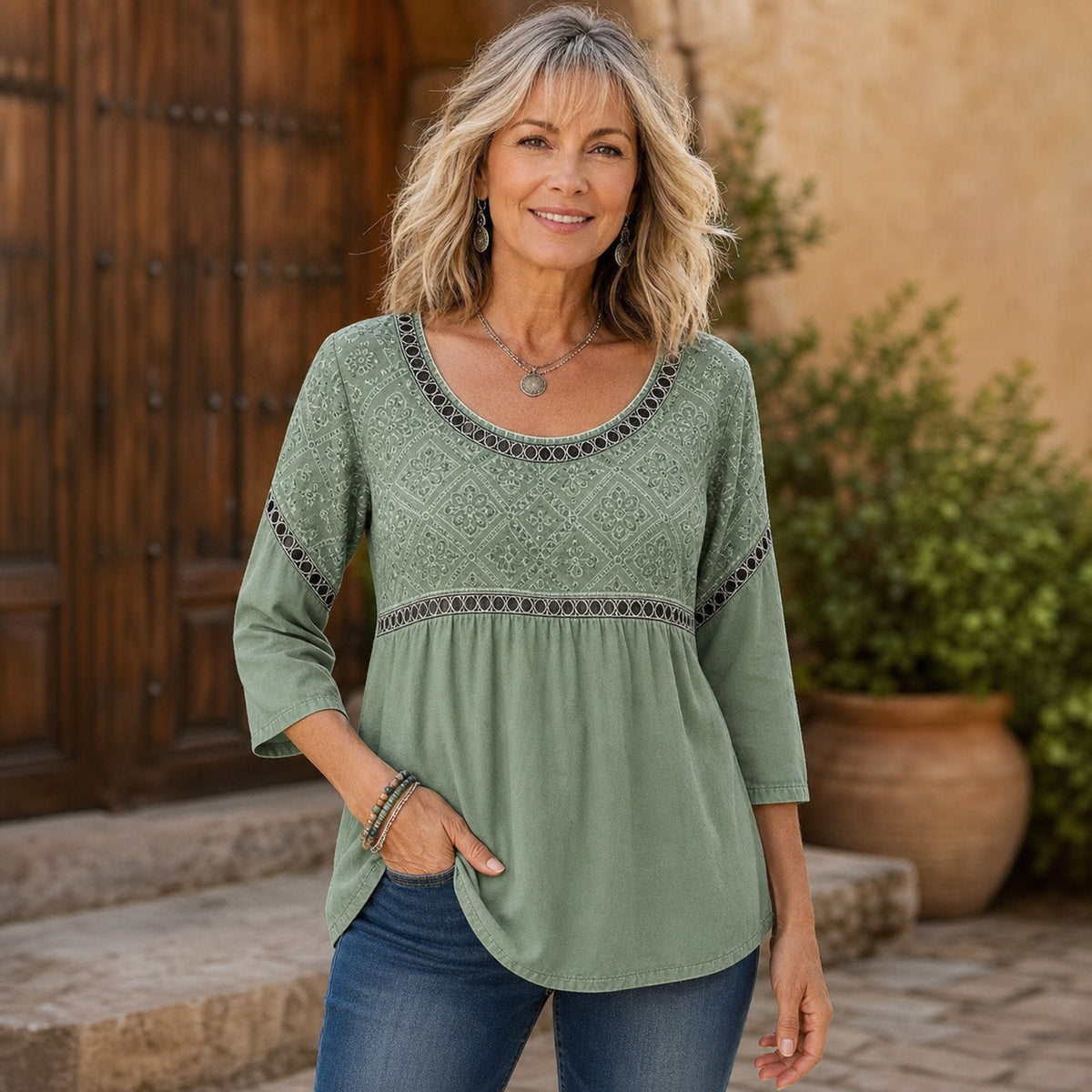Women's Embroidered V-Neck Boho Blouse