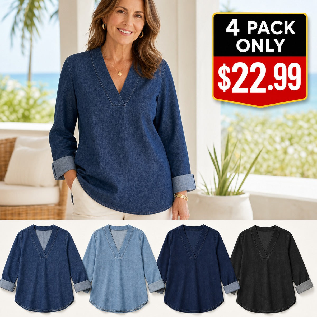 Women's Denim-Look V-Neck Tunic Blouse