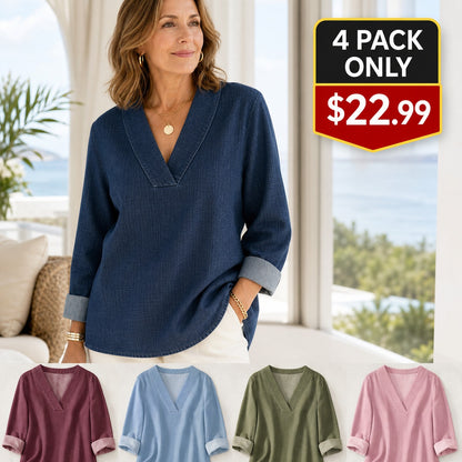 Women's Denim-Look V-Neck Tunic Blouse