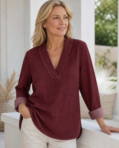 Women's Denim-Look V-Neck Tunic Blouse