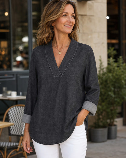 Women's Denim-Look V-Neck Tunic Blouse