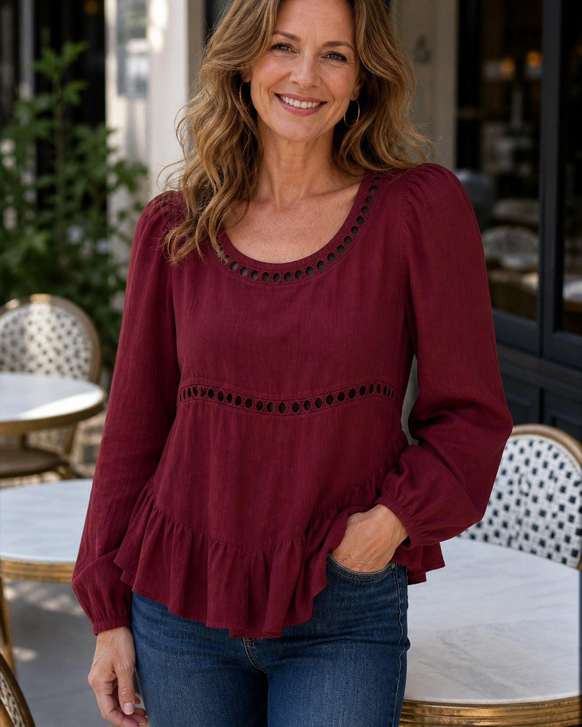 Women's Eyelet Trim Peplum Blouse