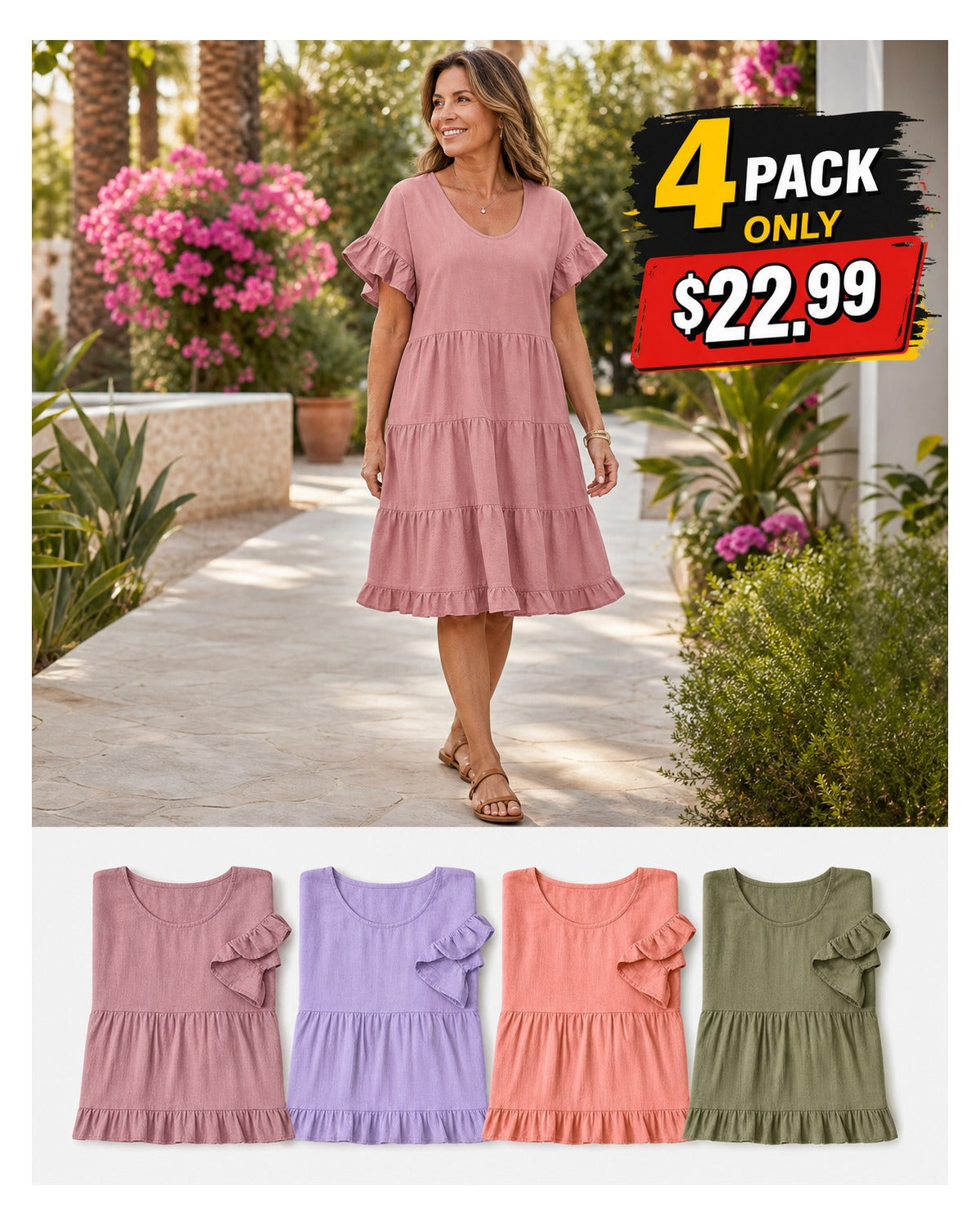 Women's Relaxed Tiered Ruffle Sleeve Summer Dress
