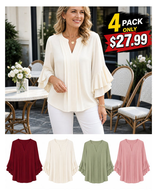 Women's Pleated V-Neck Ruffle Sleeve Blouse