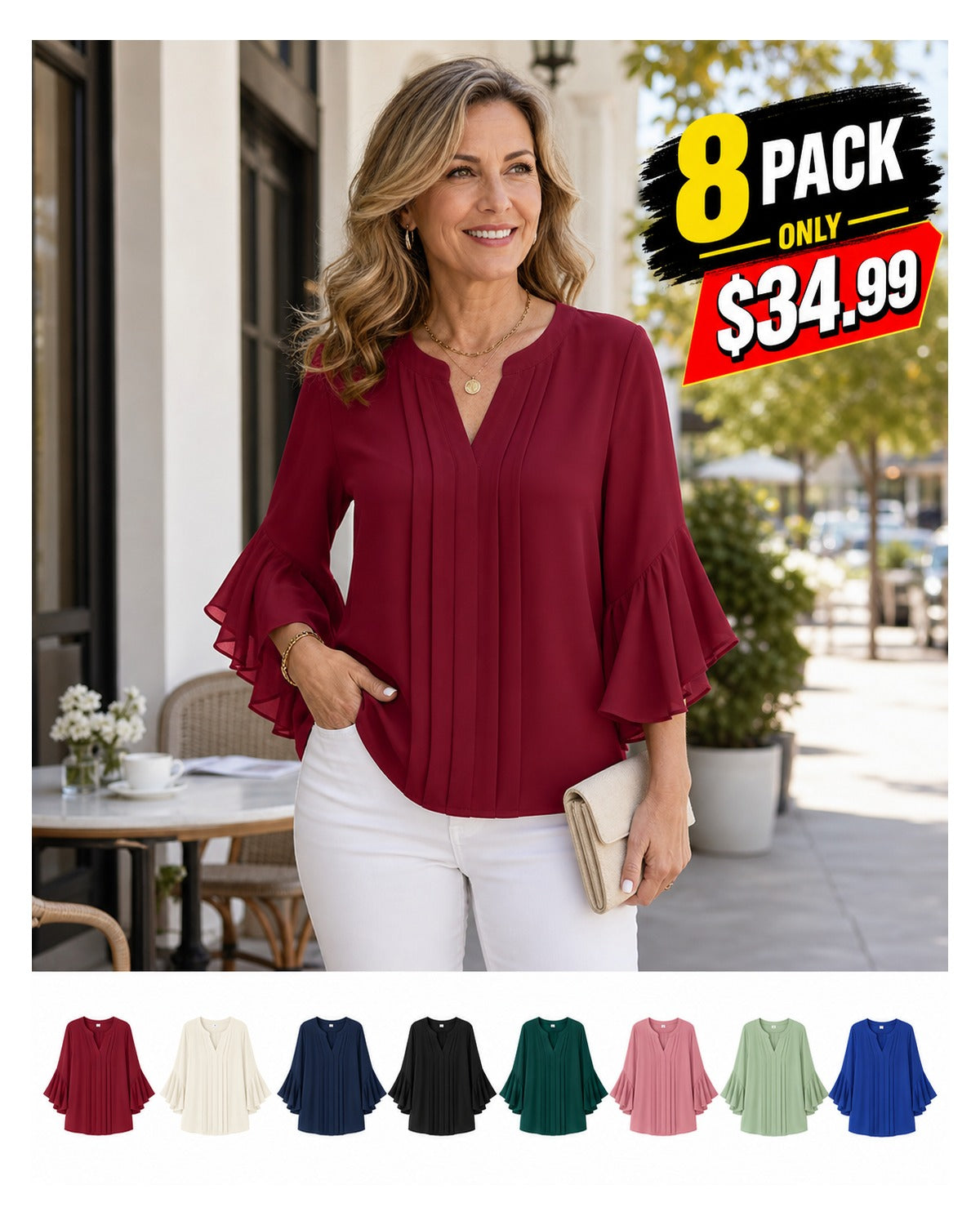 Women's Pleated V-Neck Ruffle Sleeve Blouse