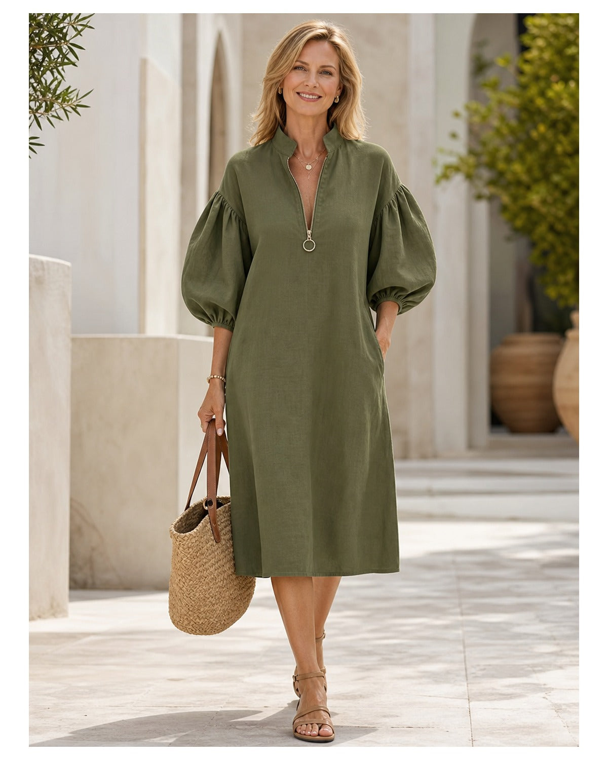 Women's Cotton-Linen Stand Collar Balloon Sleeve Dress