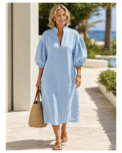 Women's Cotton-Linen Stand Collar Balloon Sleeve Dress