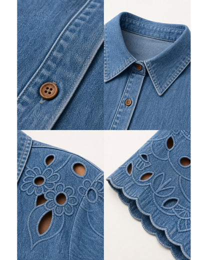 Women's Eyelet Embroidered Sleeve Relaxed Denim Shirt