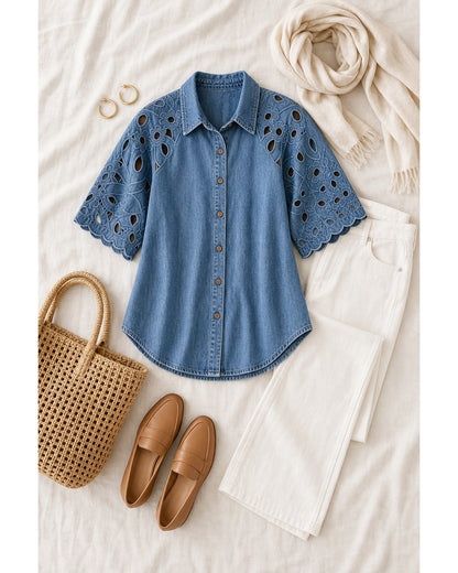 Women's Eyelet Embroidered Sleeve Relaxed Denim Shirt