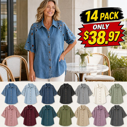 Women's Eyelet Embroidered Sleeve Relaxed Denim Shirt