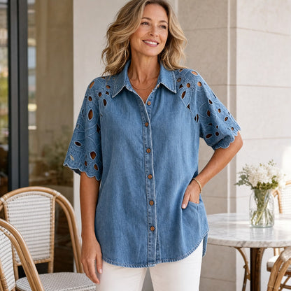 Women's Eyelet Embroidered Sleeve Relaxed Denim Shirt
