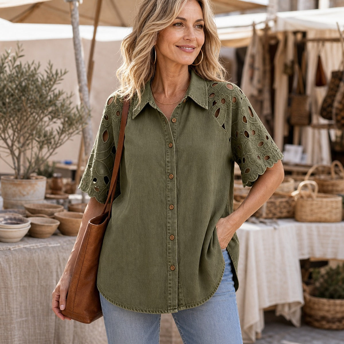 Women's Eyelet Embroidered Sleeve Relaxed Denim Shirt