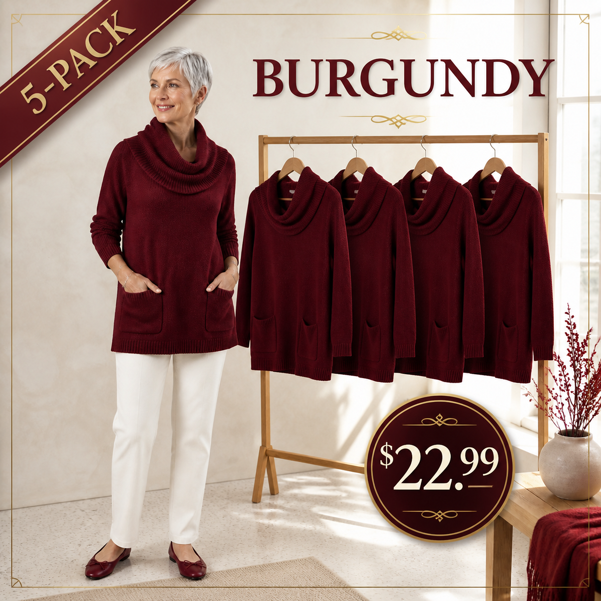 Women's Relaxed Cowl-Neck Knit Tunic with Pockets