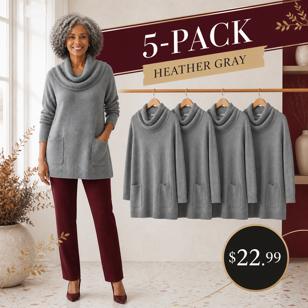 Women's Relaxed Cowl-Neck Knit Tunic with Pockets