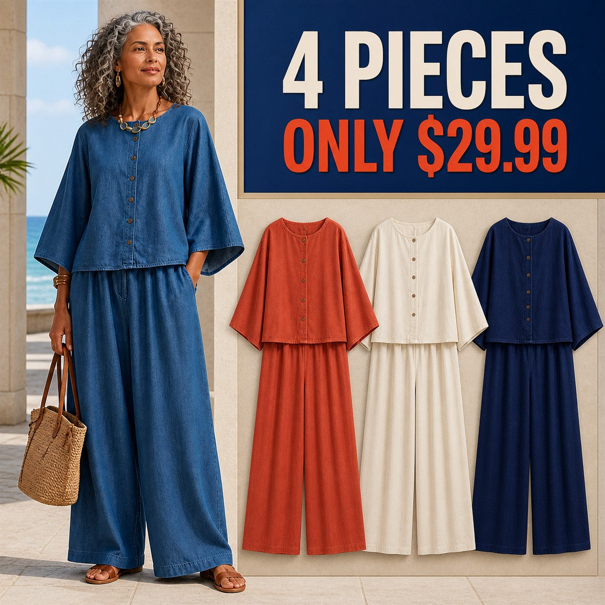 Two-Piece Multi-Pack Deal | Women's Relaxed Button-Front Top and Wide-Leg Pants Set