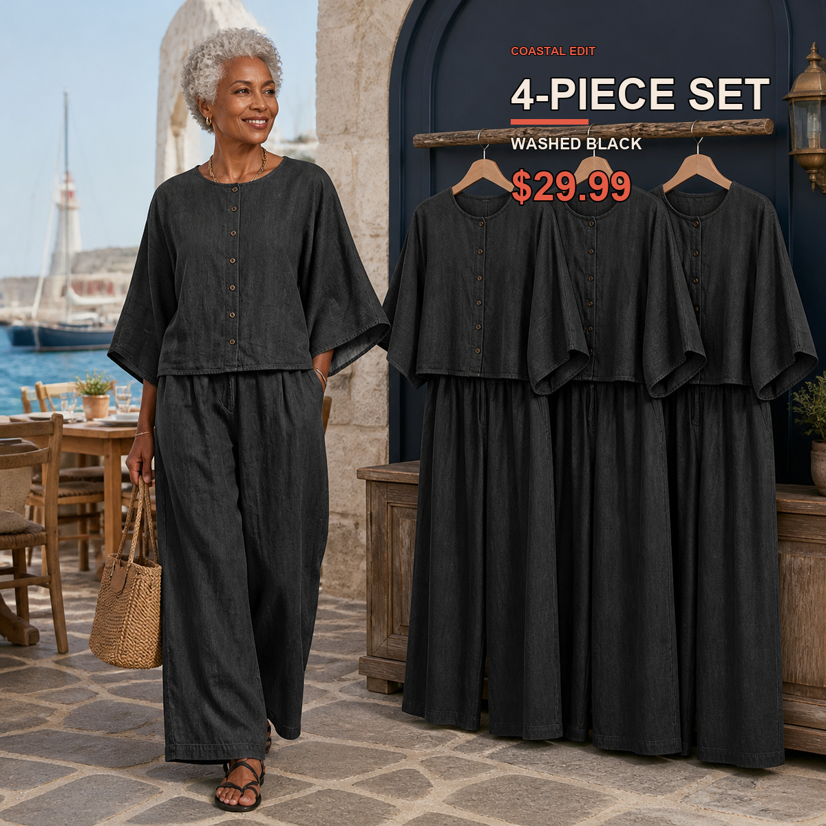 Two-Piece Multi-Pack Deal | Women's Relaxed Button-Front Top and Wide-Leg Pants Set