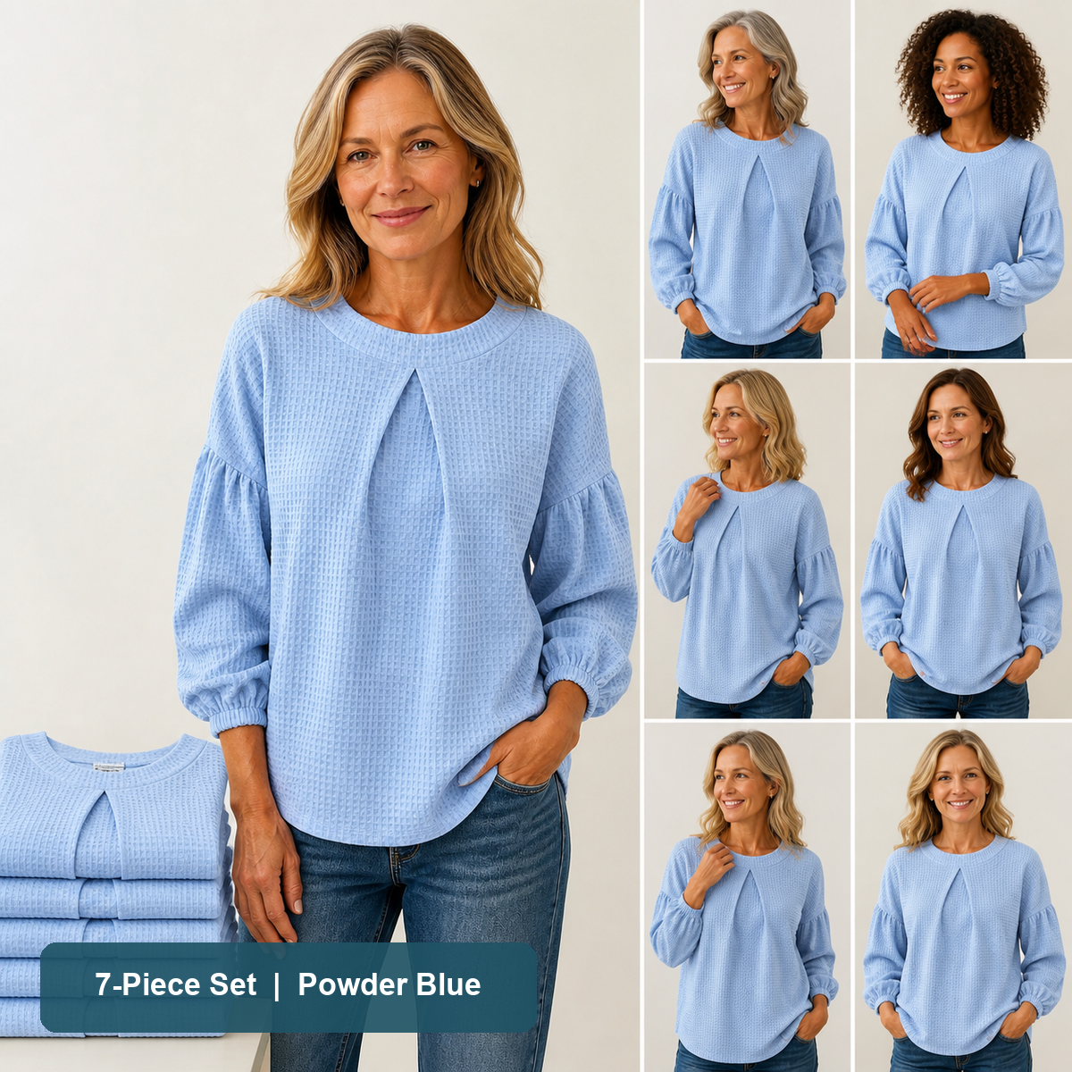 Everyday Color Value | Women's Waffle-Texture Balloon-Sleeve Top