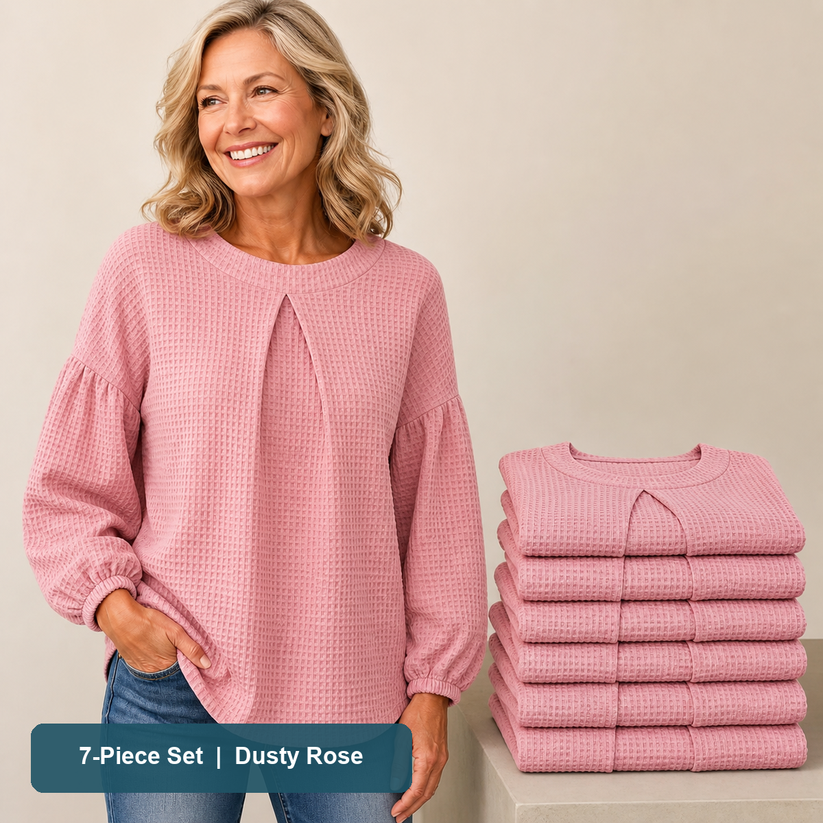 Everyday Color Value | Women's Waffle-Texture Balloon-Sleeve Top