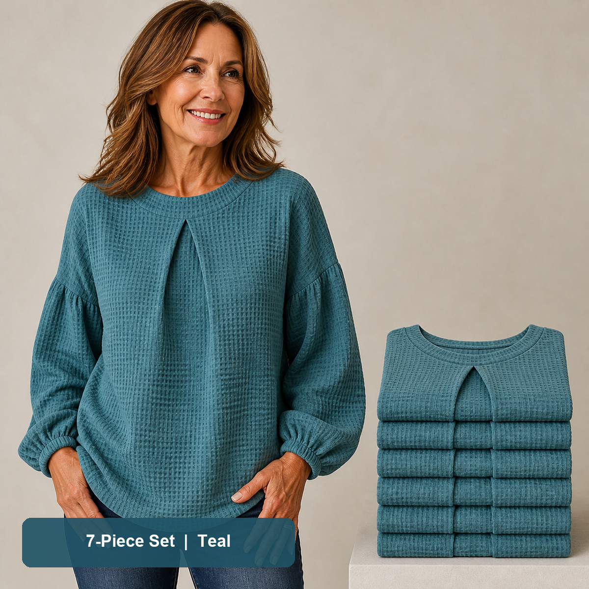 Everyday Color Value | Women's Waffle-Texture Balloon-Sleeve Top