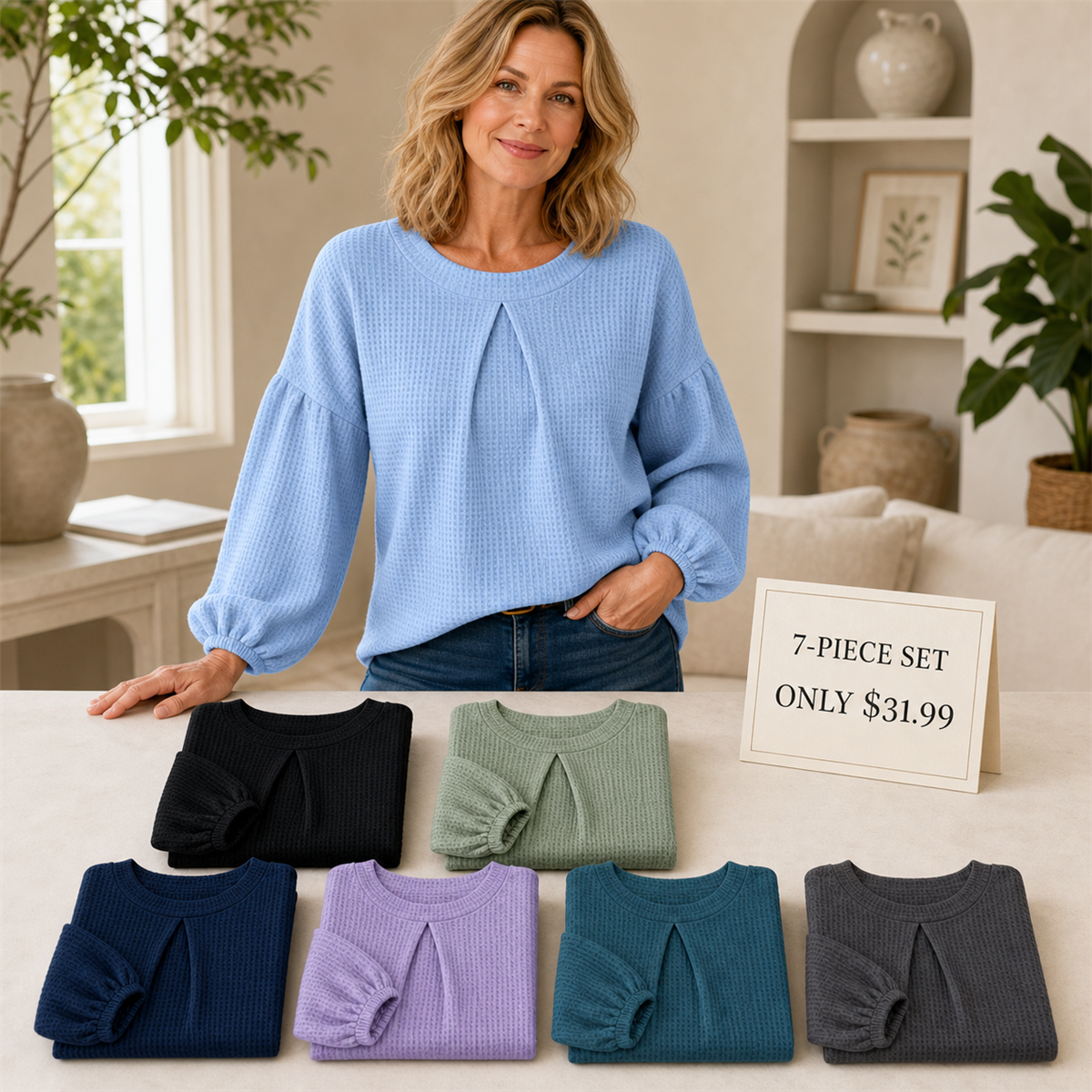 Everyday Color Value | Women's Waffle-Texture Balloon-Sleeve Top