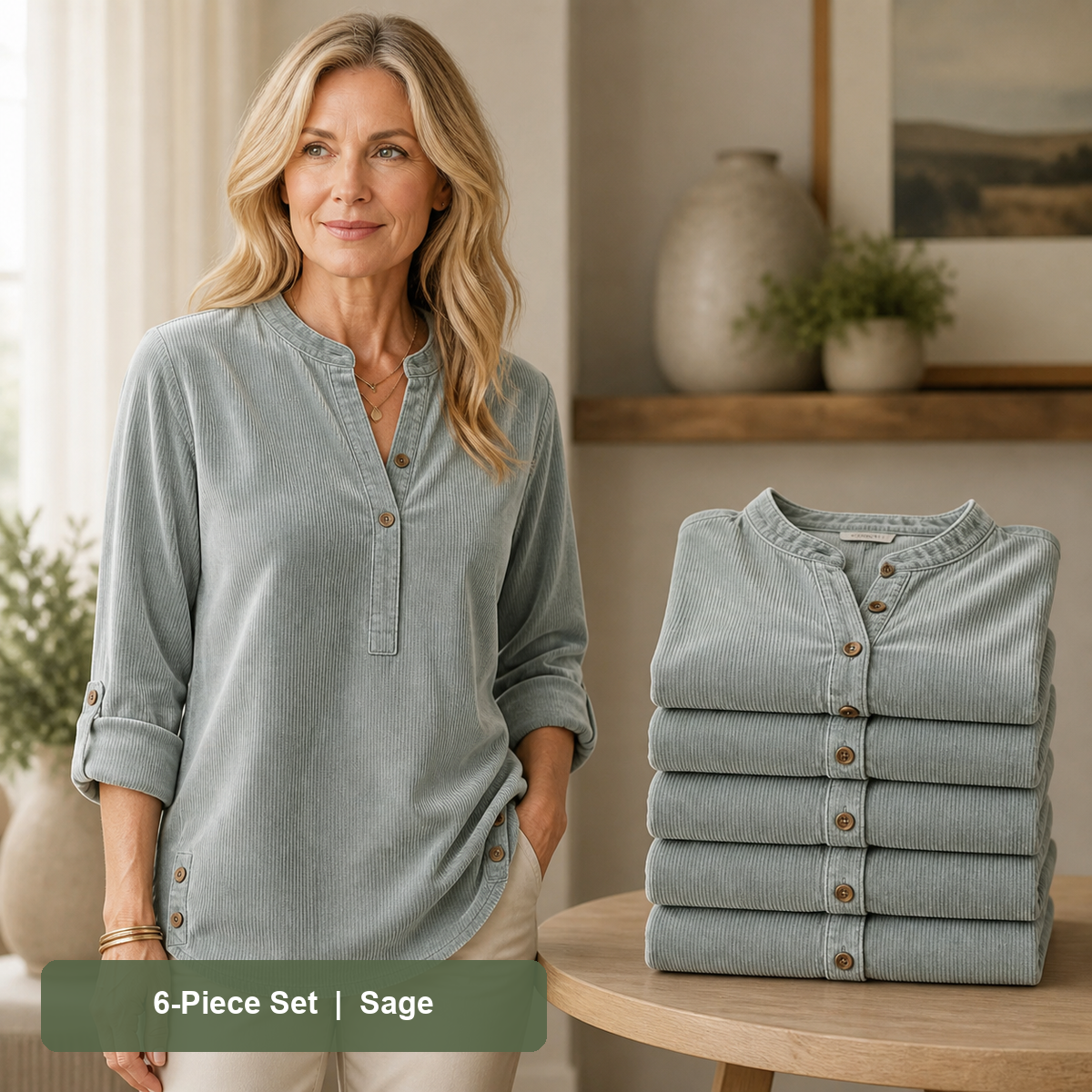 Women's Corduroy Henley Roll-Tab Tunic