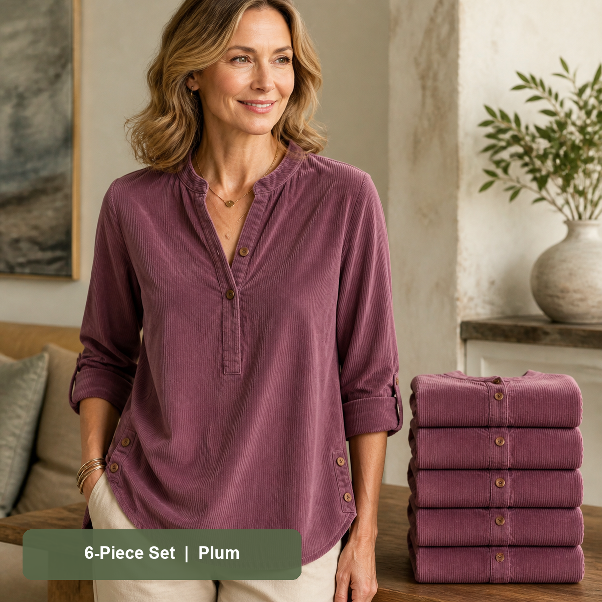 Women's Corduroy Henley Roll-Tab Tunic