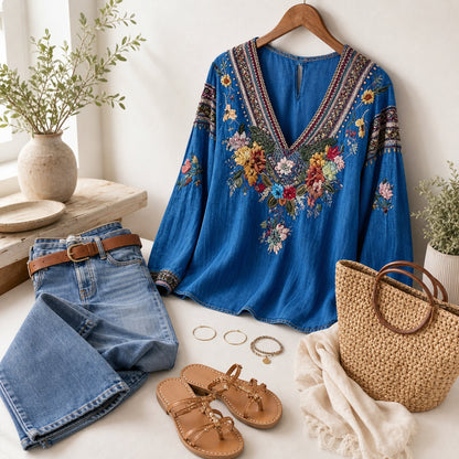 Women's Floral Embroidered Boho V-Neck Blouse