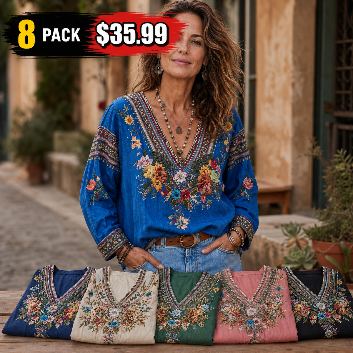 Women's Floral Embroidered Boho V-Neck Blouse