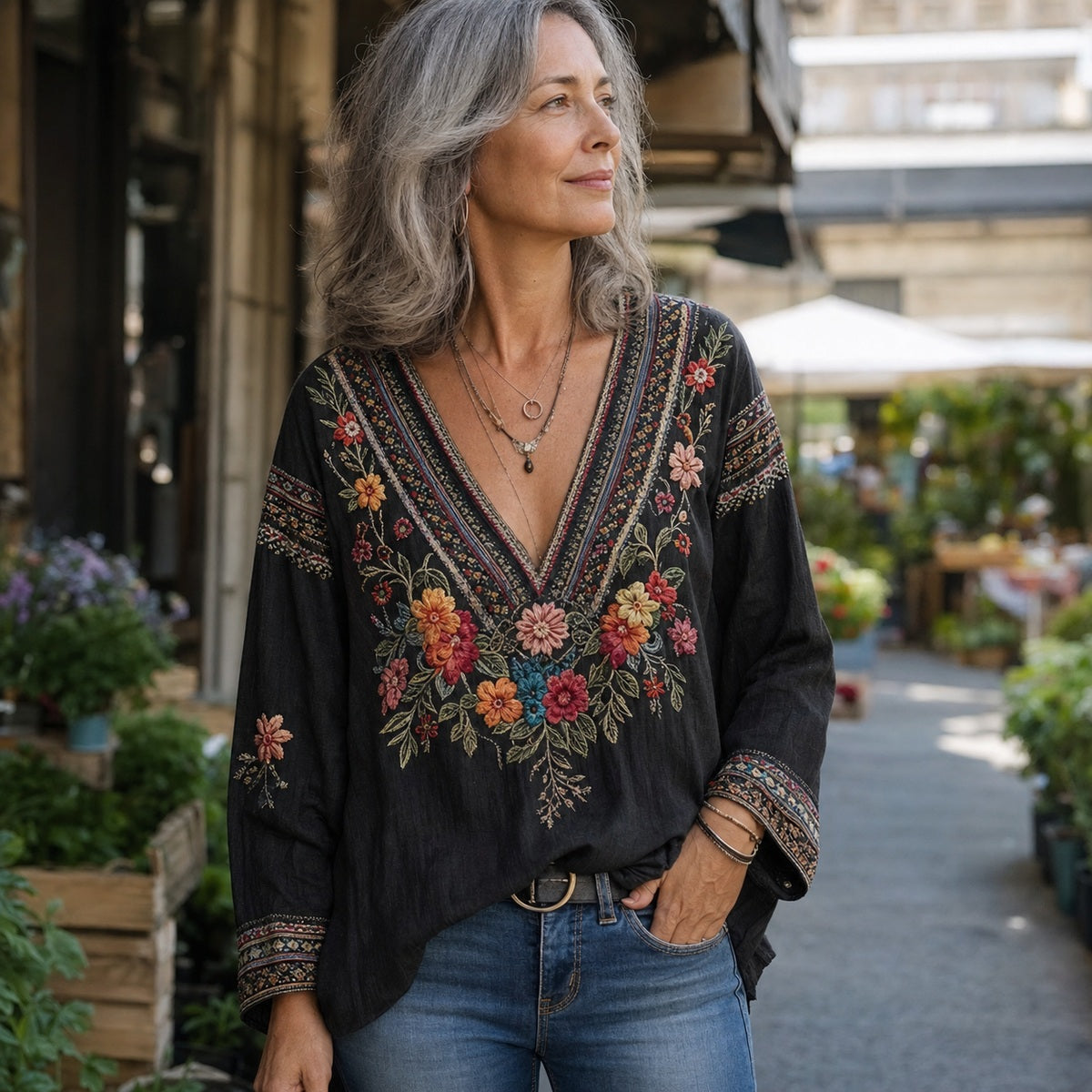 Women's Floral Embroidered Boho V-Neck Blouse