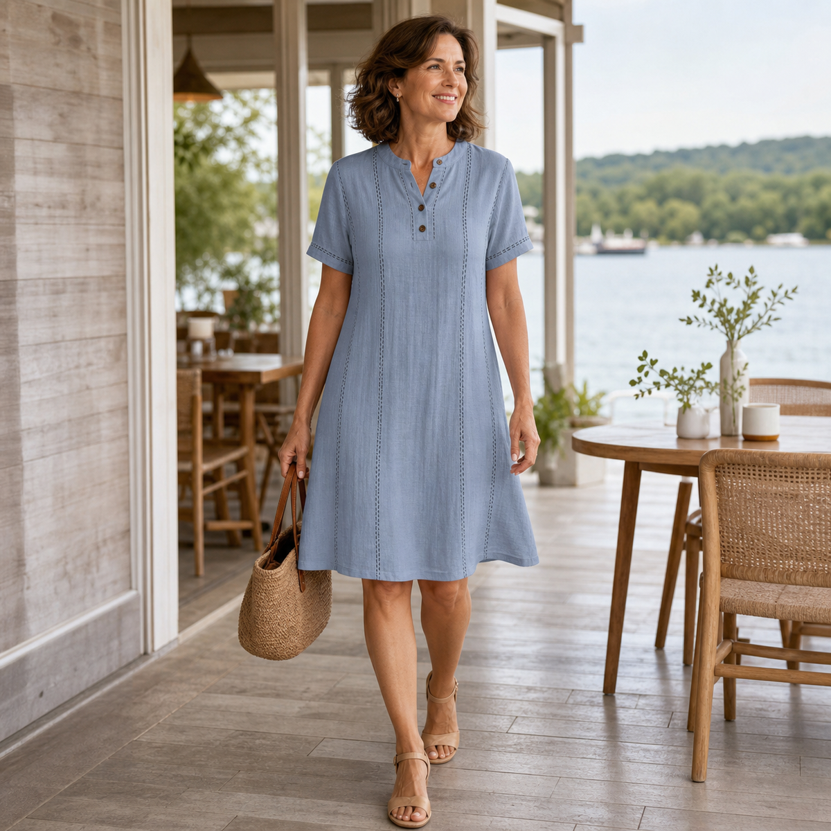 Women's Short Sleeve Henley A-Line Dress