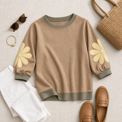 Women's Floral Applique Sleeve Relaxed Top