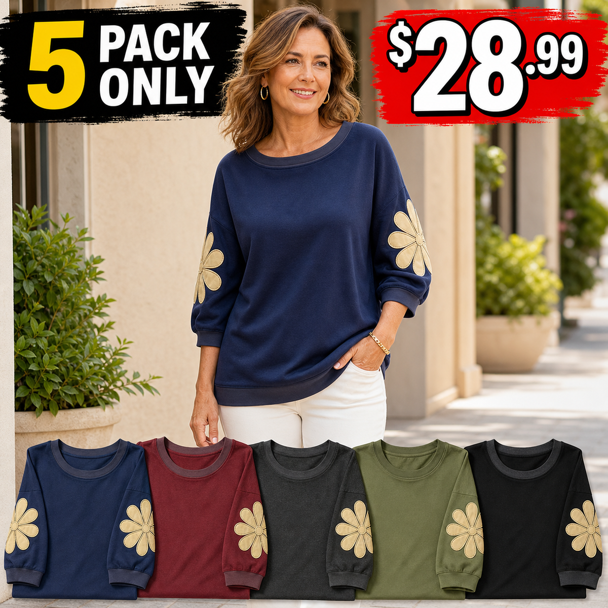 Women's Floral Applique Sleeve Relaxed Top