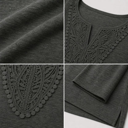 Women's Crochet Lace Split-Neck Long Sleeve Top