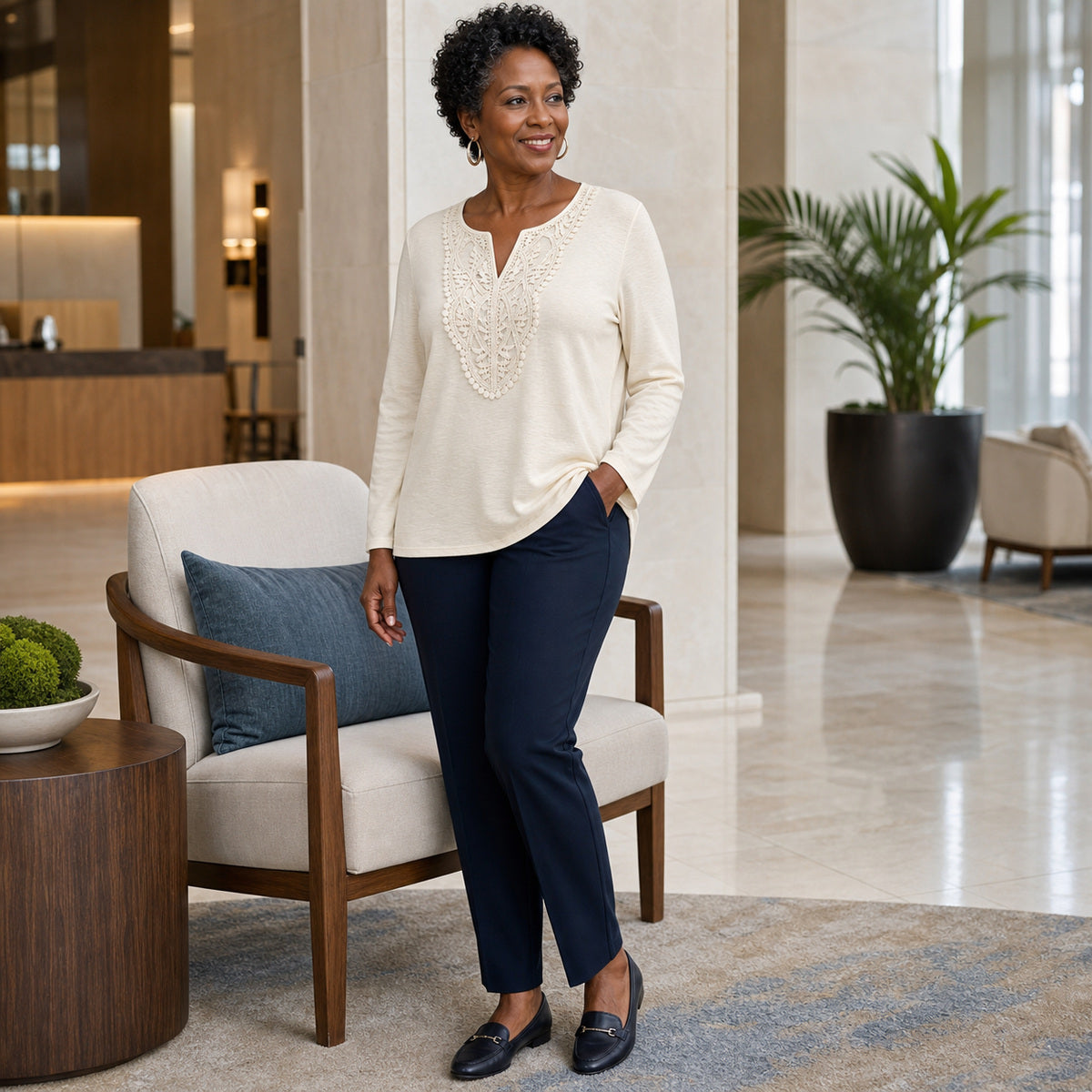 Women's Crochet Lace Split-Neck Long Sleeve Top