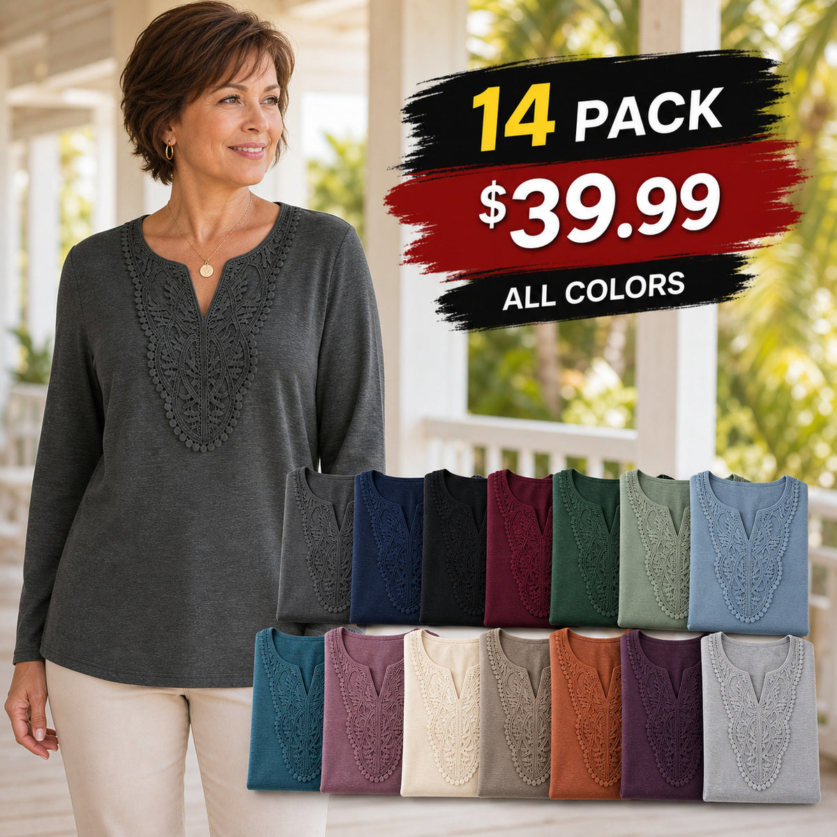Women's Crochet Lace Split-Neck Long Sleeve Top