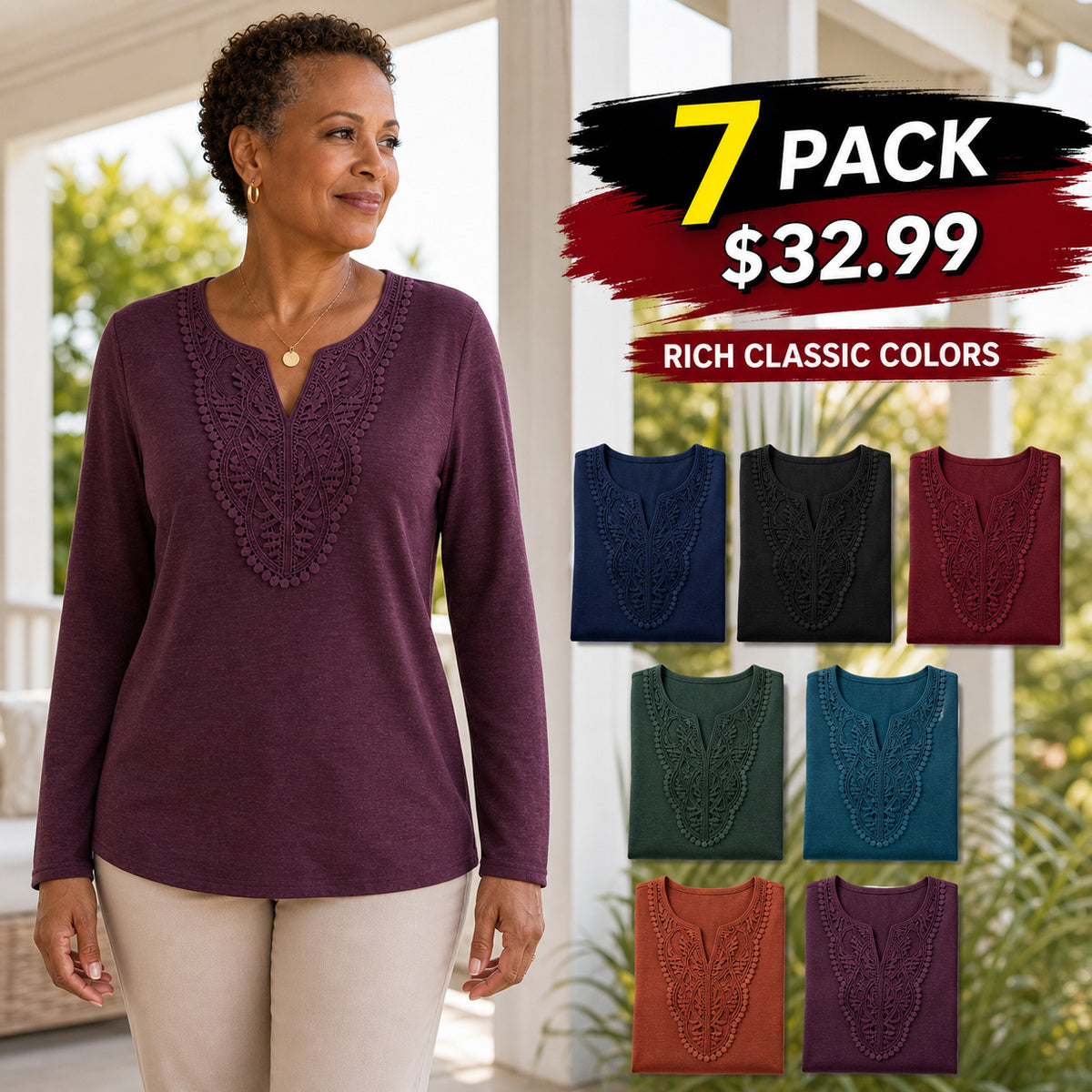 Women's Crochet Lace Split-Neck Long Sleeve Top