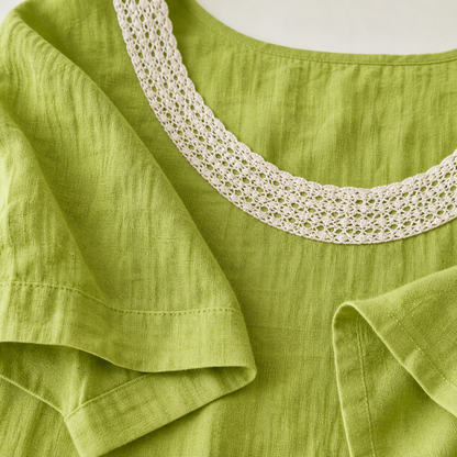 Women's Crochet Lace Neck Linen Short Sleeve Top
