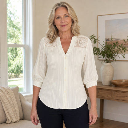 Women's Pintuck Lace-Yoke Three-Quarter Sleeve Blouse