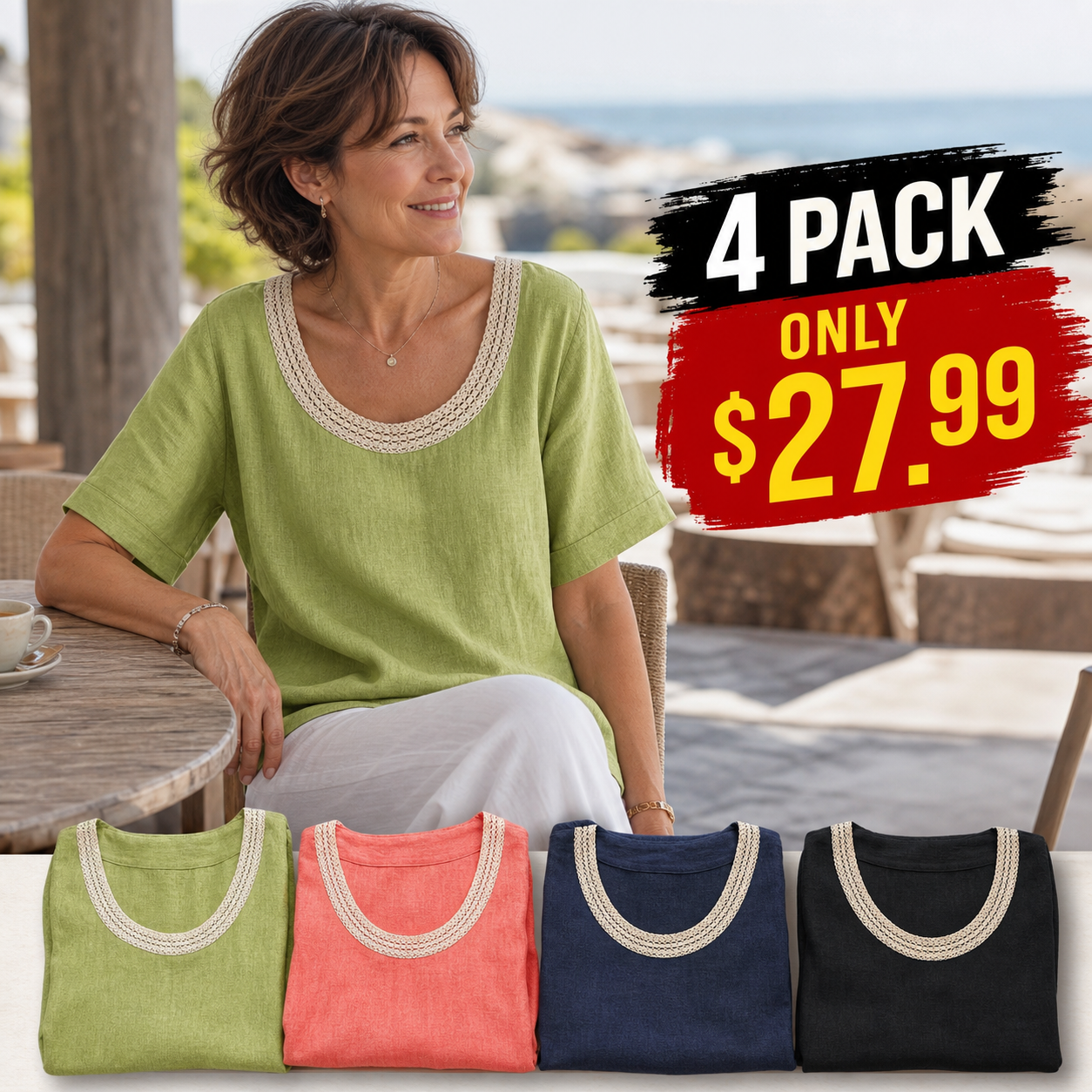 Women's Crochet Lace Neck Linen Short Sleeve Top