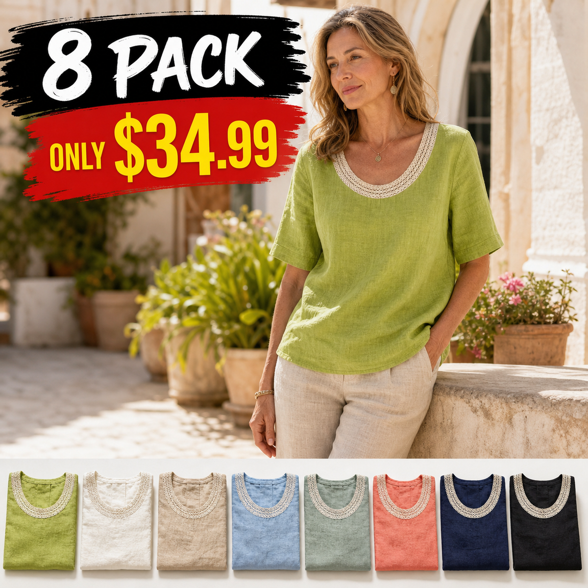 Women's Crochet Lace Neck Linen Short Sleeve Top