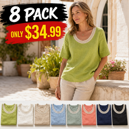 Women's Crochet Lace Neck Linen Short Sleeve Top
