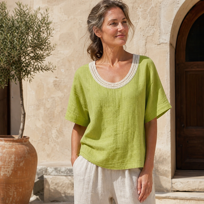 Women's Crochet Lace Neck Linen Short Sleeve Top