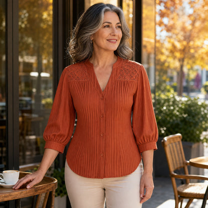Women's Pintuck Lace-Yoke Three-Quarter Sleeve Blouse