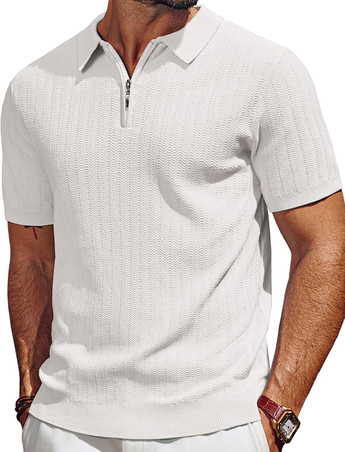 Men's Polo Shirts Quarter Zip Textured Knit Shirts Summer Shirt