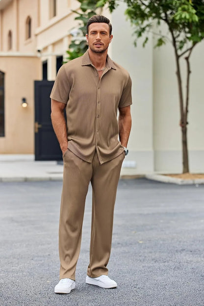 Men's 2 Piece Outfit Casual Short Sleeve Button Down Shirt Beach Summer Loose Pant Sets