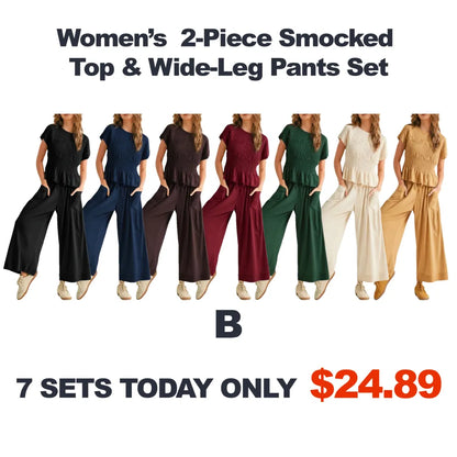 ⚡FINAL SALE⚡ Women’s  2-Piece Smocked Top & Wide-Leg Pants Set