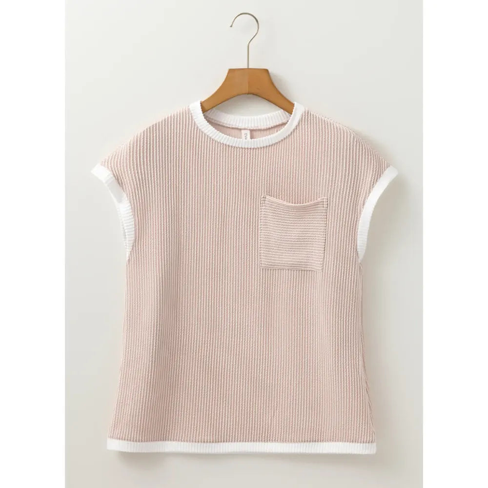 ❤️Women's Crewneck Short Sleeve Color Block Ribbed Knitwear Slim Fitted Blouses Tops