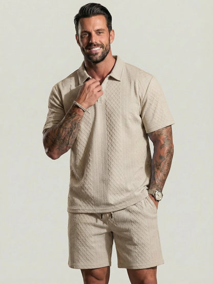 Men's Solid Polo Shirt & Drawstring Waist Shorts Set Cozy Breathable Two-piece Outfits for Daily Outdoor Wear Menswear Suits