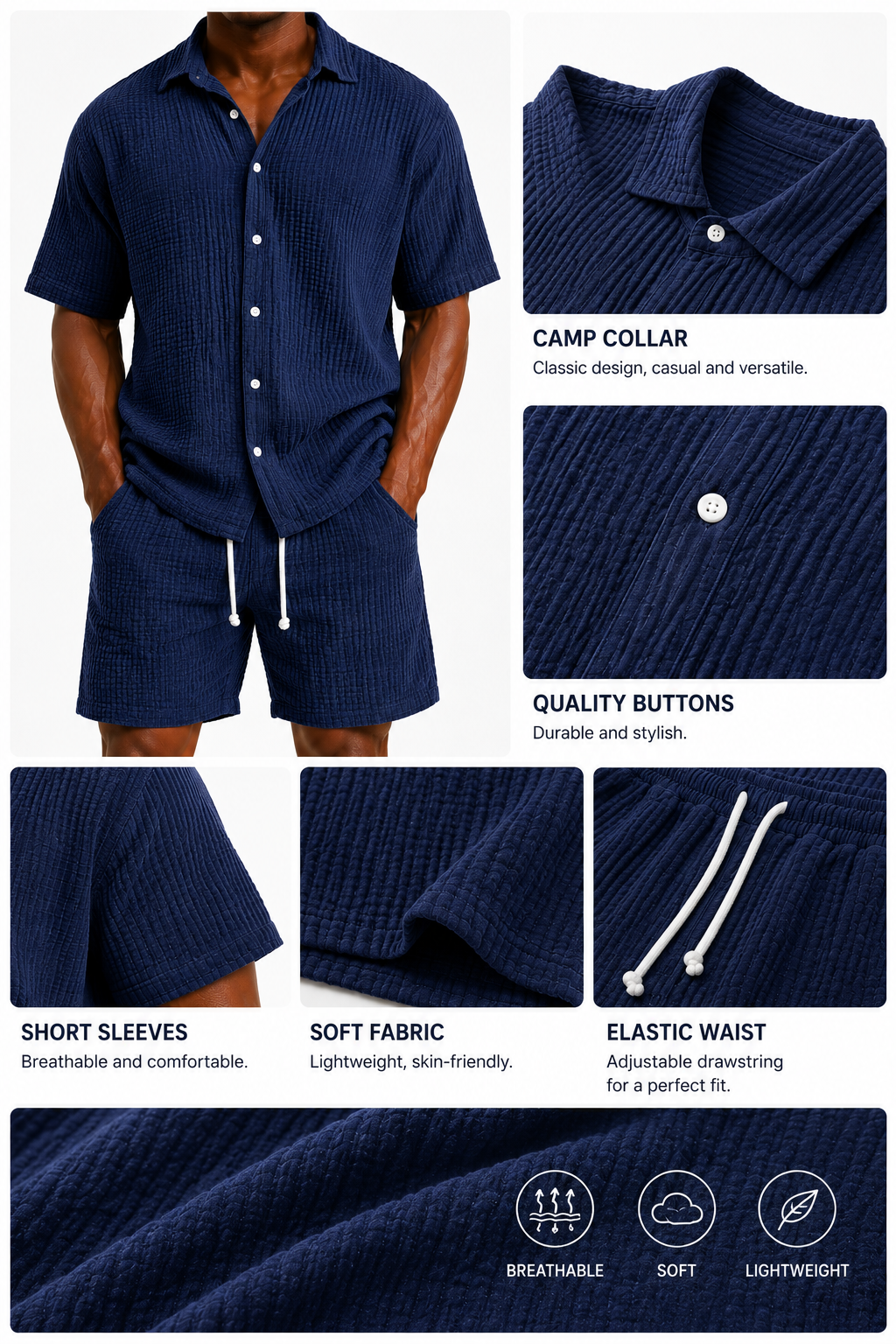 Limited Deal 8-Pack Men's Crinkle Cotton-Blend Camp Collar Shirt and Shorts Sets, Lightweight Breathable Relaxed Fit